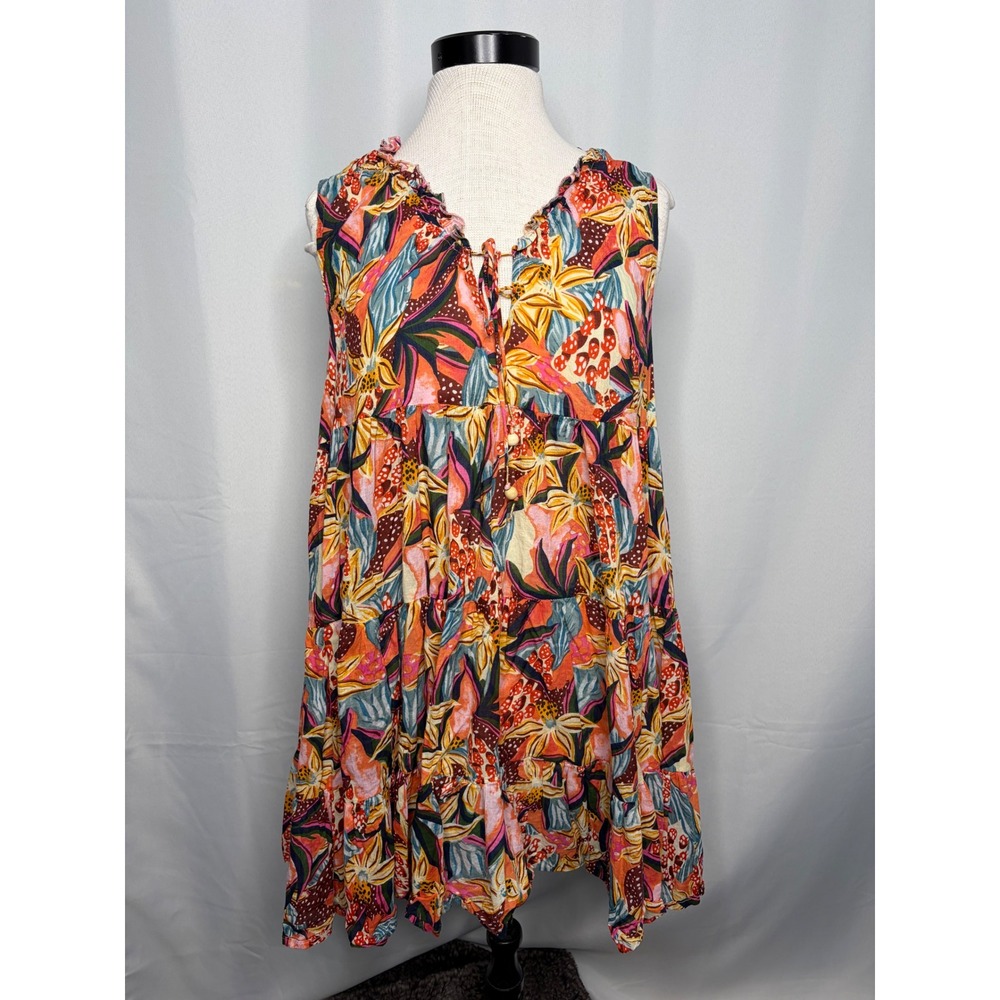 True Destination Women Floral Mushroom Print Tiered Cotton Mini Dress Large Boho